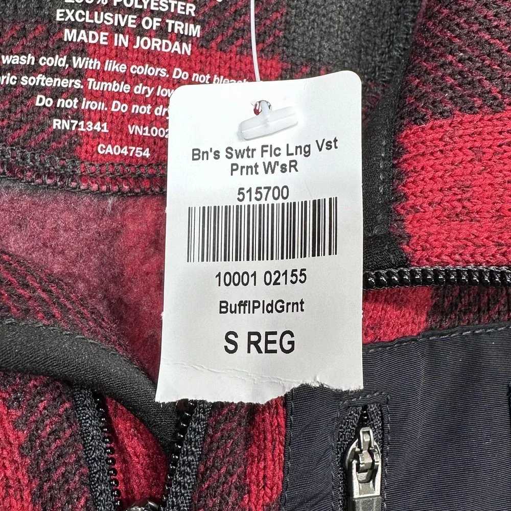 LL Bean Sweater Fleece Long Vest Womens Small Red Buffalo Plaid Full Zip Pockets